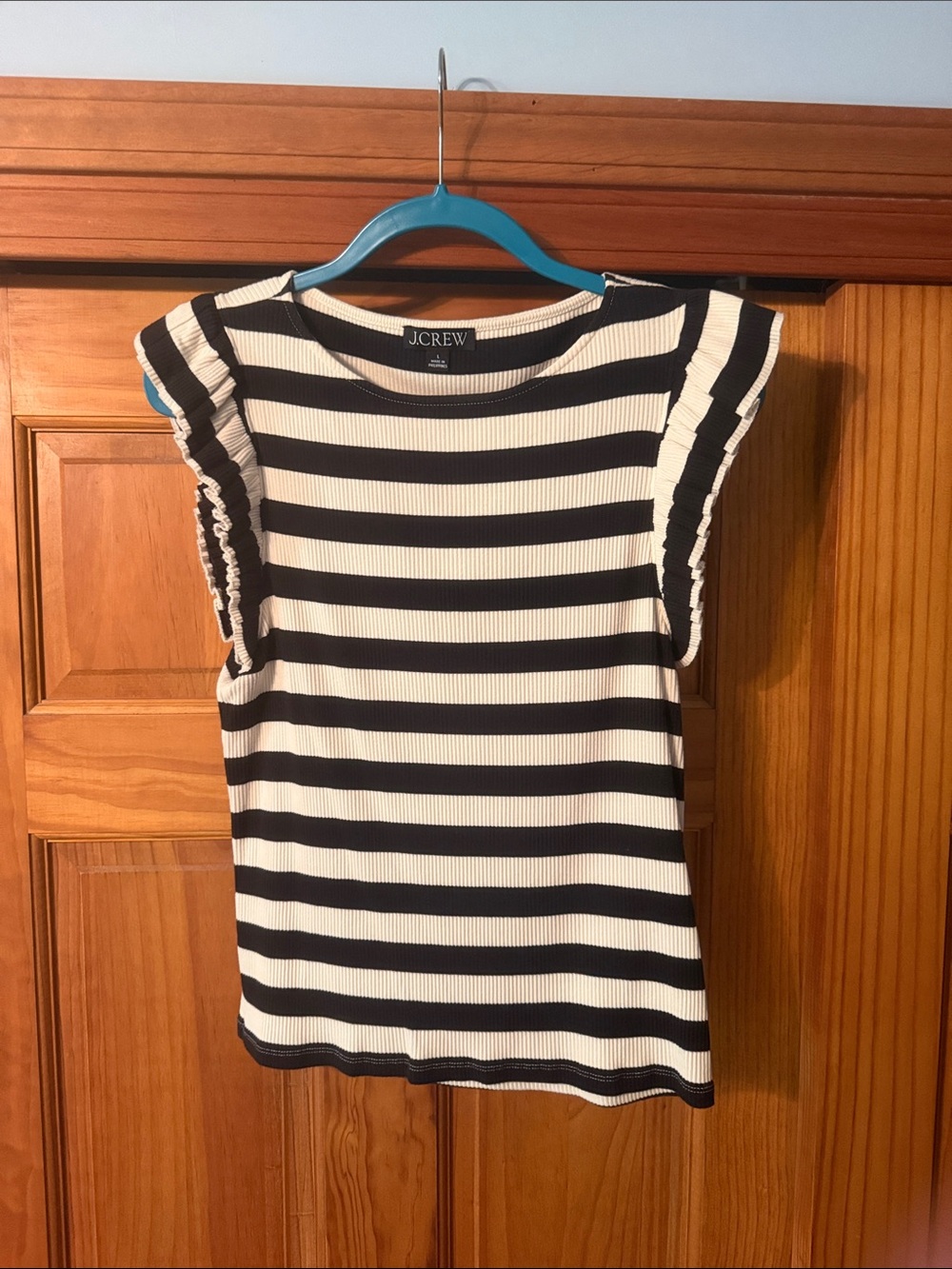 J. Crew Black and cream Striped Ruffle Sleeve Top